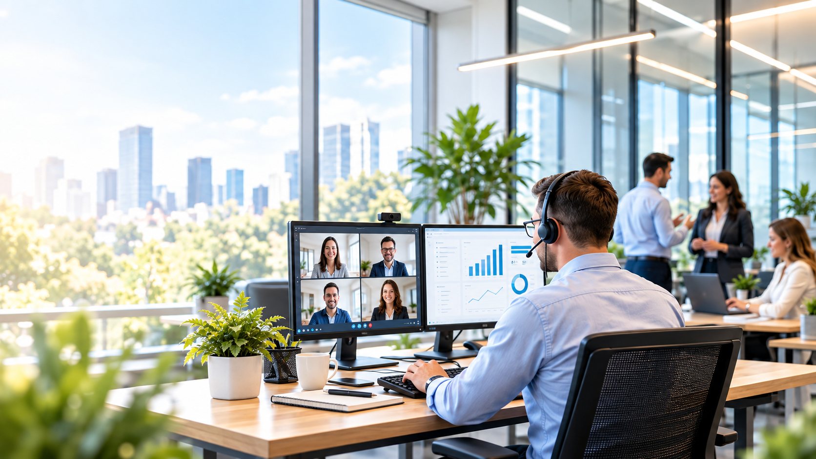 Bright modern office where a team collaborates over video calls and connected workstations